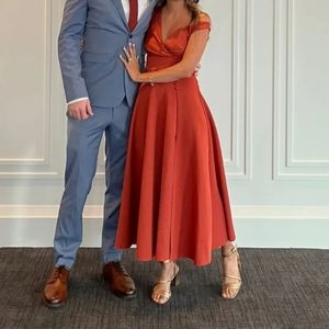 Button detail rust color midi dress asymmetric